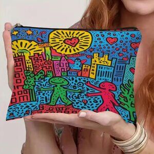 Keith Haring-Inspired Double-Sided Cosmetic & Toiletry Bag with Zipper.